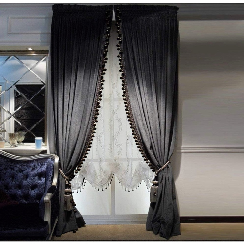 Luxury Tassel Velvet Blackout Curtains - Iron-Grey, (50W×84L) X 2 panels